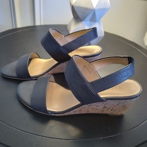 Talbots pebbled leather slip on opentoe sandal with 3" cork wedge elastic strap